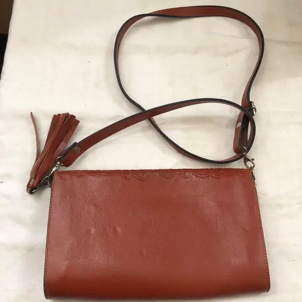 Vintage Red-brown genuine leather saddle shoulder crossbody clutch bag purse with tooled engraved minimalist floral design and crossbody messenger straps - perfect for a boho, western, or hippie look Measurement in pics - Image 2