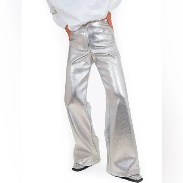 LAAGAM Metallic Wide Leg High‎ Rise Pants NWT Size XXS - Image 3