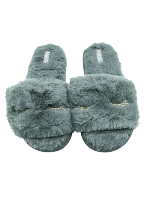 Halluci Womens Slippers Slides Faux Fur Sleepy Eyes Gray Size 38/39 US 7/8 - Image 2