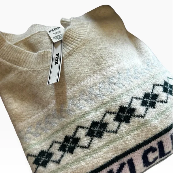 Victoria's Secret PINK Ski Club Intarsia Argyle Sweater Cream XL New Soft Cozy - Image 2