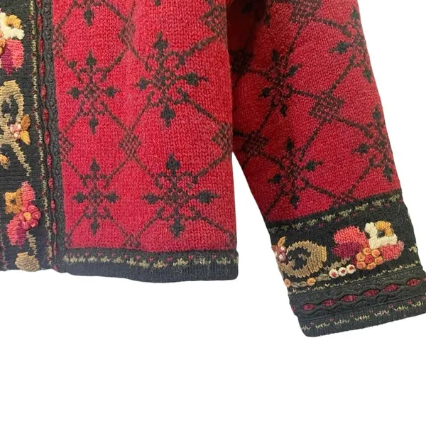Icelandic Design Wool Cardigan Sweater M Red Nordic Embroidered Floral Full Zip - Image 6