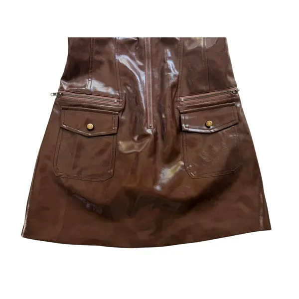 Chocolate Brown Eco Leather Zip-Front Mini Dress NEW Utility Pockets Size Small - Image 5