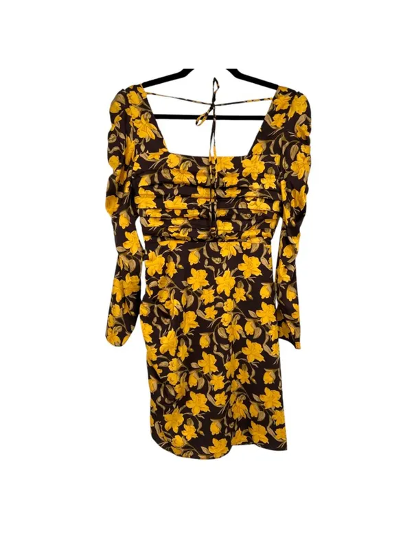 Floret Cottagecore Dark Floral Ruched Square Neck Dress Yellow Brown XS NWOT - Image 3
