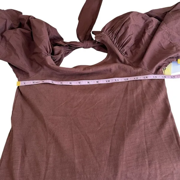 Nation LTD Calissa Brown Cotton Puff Sleeve Open Back Bow Mini Dress NWT XS - Image 10