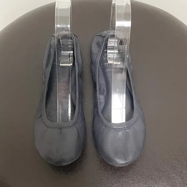 Tory Burch Eddie Navy Blue Leather Ballet Flats 6 M Folding Elastic Rim *No box* - Image 2