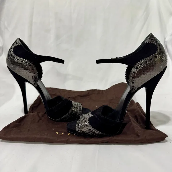 Gucci Black Suede Metallic Python Brogue Ankle-Strap Heels EU 39 - Image 6