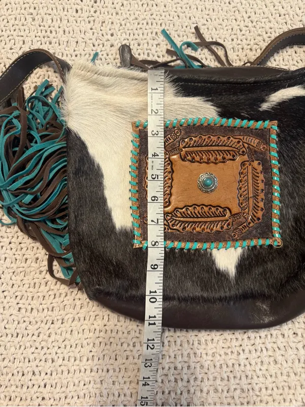 Myra Bag Black and White Cowhide Crossbody with Turquoise and brown Fringe - Image 8