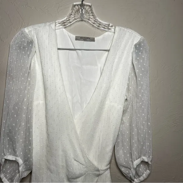 All Saints Jade Off‎ White Ruffle Swiss Dot Wrap Mini Dress - Image 7