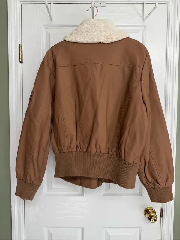 Therapy Boutique Camel Bomber Jacket with Cream Sherpa Collar - Image 2