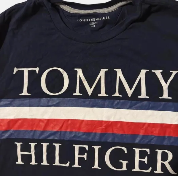 Tommy Hilfiger Men’s Large Navy Logo Graphic Stripe Short Sleeve T-Shirt - Image 2