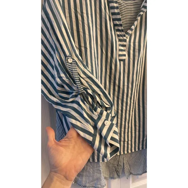 Jane + Delancey Striped Tunic Womens Size 2X Blue White Roll Tab Rayon Oversized - Image 2