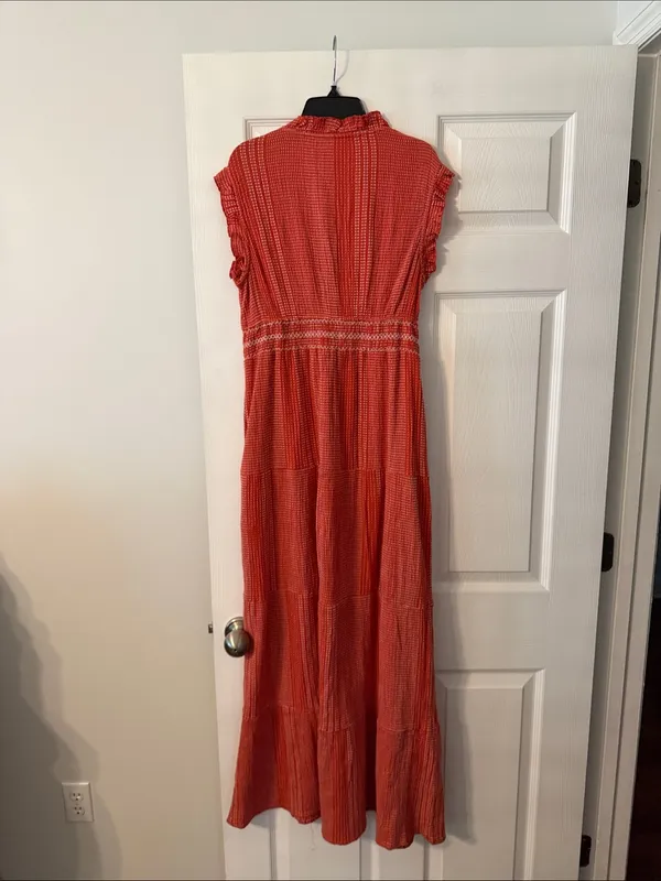 Ariat Coral-Red Tiered Maxi Dress with Tassel Tie size S excellent condition - Image 5