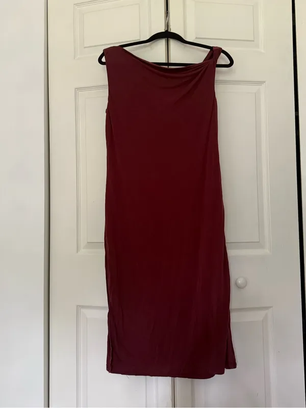 818 Clothing Dark Red Wine Assymmetrical Dress Stretch Midi Knee Length Dress M - Image 7