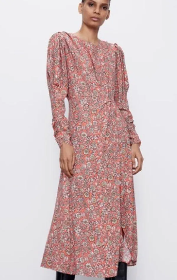 Zara FLORAL PRINTED DRAPED MIDI Flowy DRESS Long Sleeve Puff Shoulders Sz XS NEW - Image 12