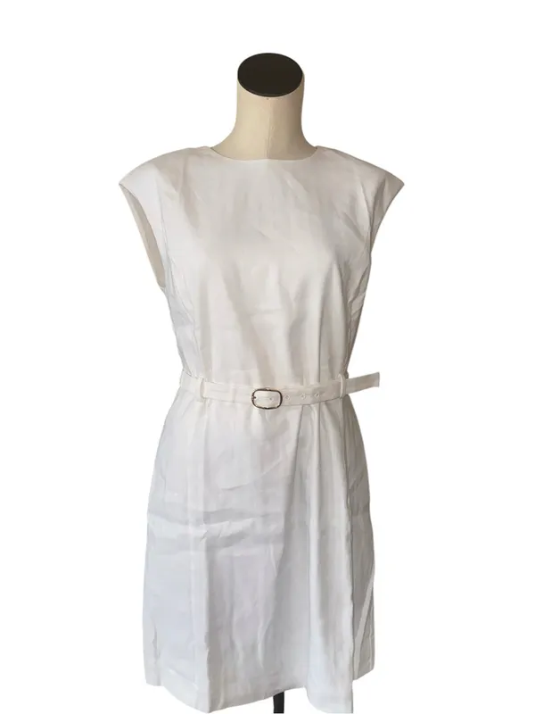 NWOT Ann Taylor Belted Shift Dress Linen Blend White SZ-10 - Image 4