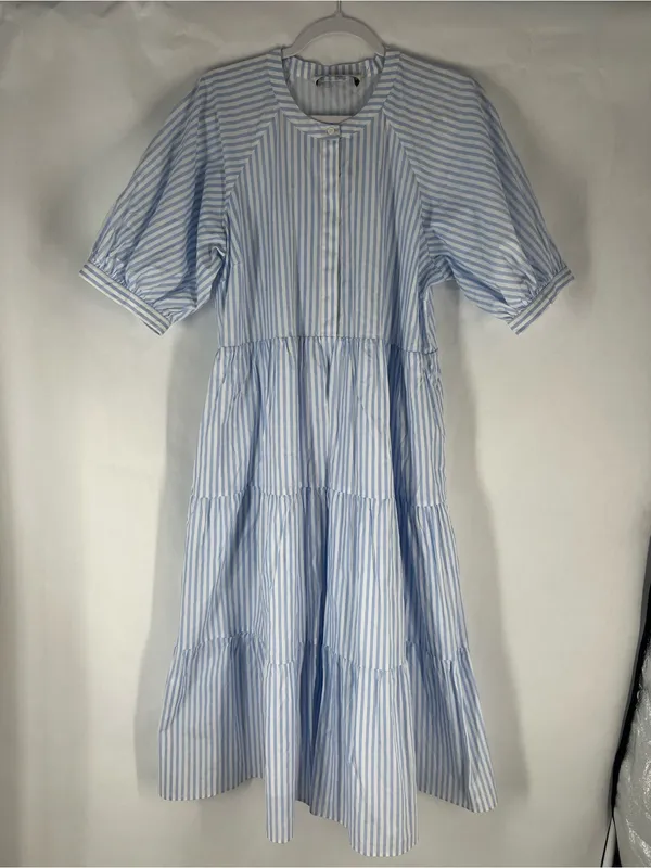 English Factory Blue White Striped Tiered Puff Sleeve Midi Dress L - Image 2