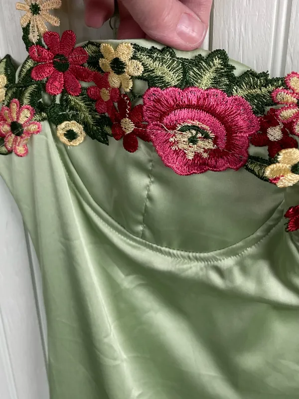 Y2K Fairycore Green Satin Slip Maxi Dress Size Medium Flower Strap Bodycon - Image 10