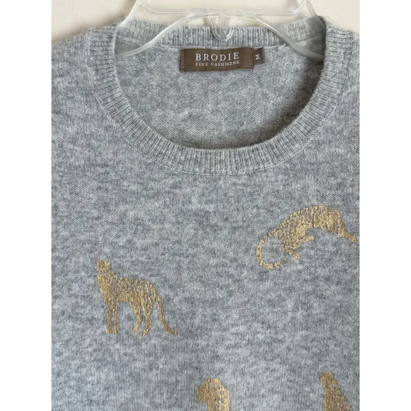 Brodie Cashmere Sweater Womens Medium Grey Foil Leopard Animal Print Crewneck - Image 7
