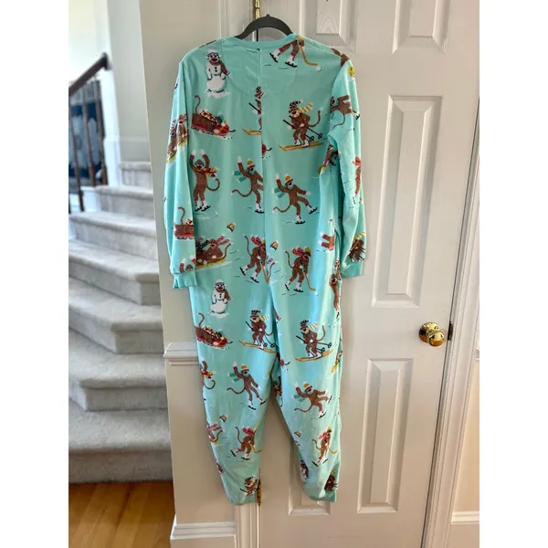 Nick & Nora Mint Green Fleece Sock Monkey Winter Sled Snowman One Piece Pajama - Image 3
