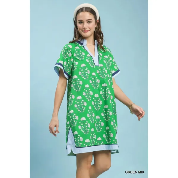 Umgee Printed Split Neck Short Sleeve Shift Dress - Green Mix - Medium - Image 3