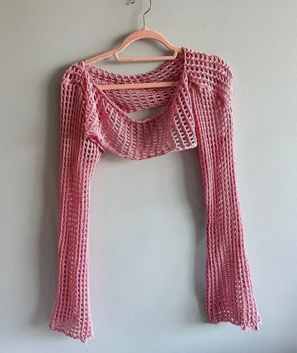 pink crochet long sleeve bolero shrug - Image 2