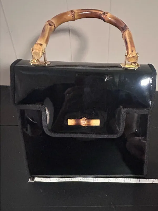 Black Patent Top-Handle Bag with Bamboo Accent - Image 12