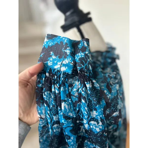 Anthropologie Blue Black Floral Lace Print SHEER Blouson Sleeve Blouse - Image 7