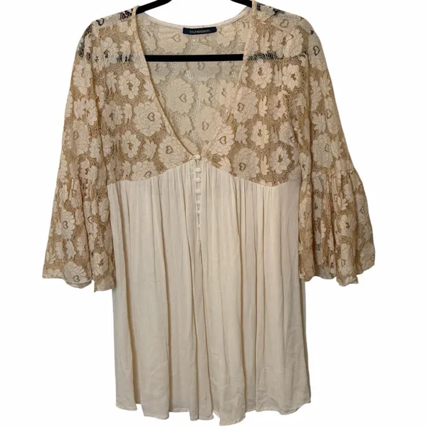 Boho Lace Bell Sleeve Babydoll Mini Dress / Tunic Festival Hippie Cottagecore M - Image 5