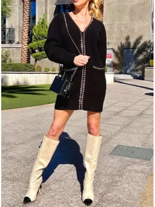 Lovers Friends Norina Cardigan Dress Black Chains Knit Edgy Chunky Sweater Mini - Image 5