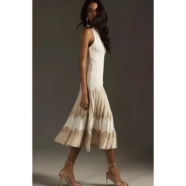 Anthropologie Pleated Drop-Waist Knit Midi Dress Ivory Size Large - Image 3