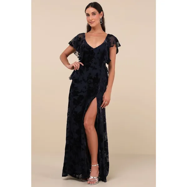 NWT Lulus Romantic Wonder Navy Burnout Velvet Ruffled Tie-Back Maxi Dress Size S - Image 4
