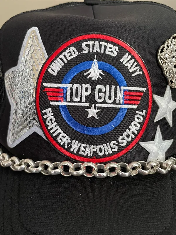 OTTO Top Gun Trucker Hat Black Embellished Chain Rhinestone Patch One Size - Image 3