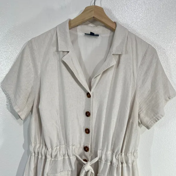ModCloth Linen Blend Shirt Dress 1X Coastal Soft‎ Girl Minimalist Beige Pockets - Image 6