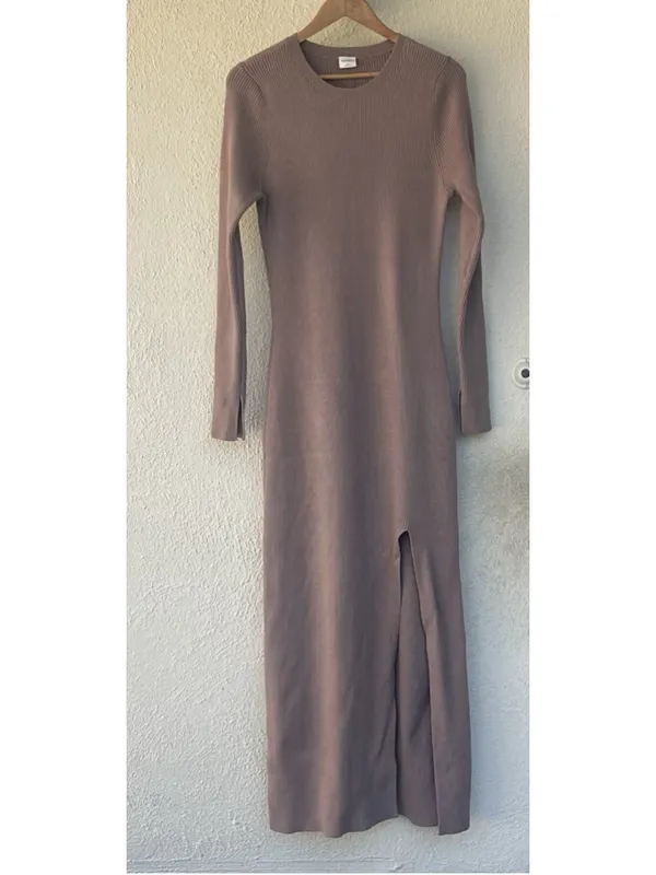 Abercrombie & Fitch Brown Soft Ribbed Knit Long Sleeve Maxi Bodycon Slit Dress - Image 2