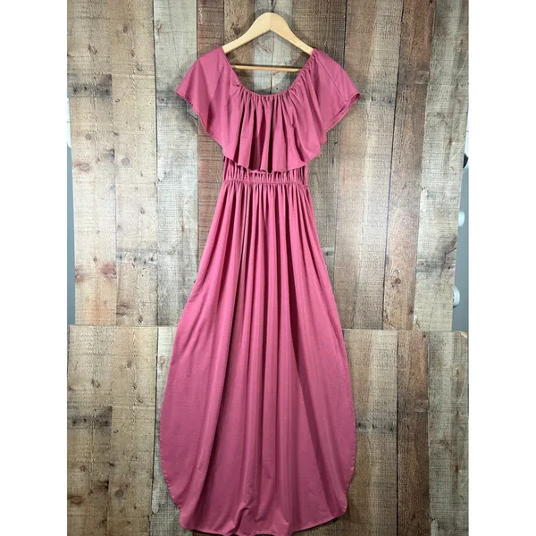 Pink Ruffle Off Shoulder Maxi Dress Boho XL Summer Romantic Vacation - Image 2