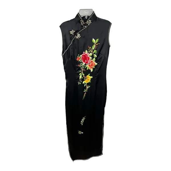Oriental 100% Pure Silk Qipao Dress Size 32 (Small) Black Embroidered Cheongsam - Image 2