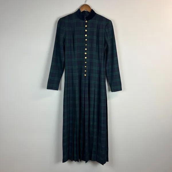 Vintage Tartan‎ Plaid Maxi Dress Womens 4 Green Navy Pleated A-Line Gold Buttons - Image 12
