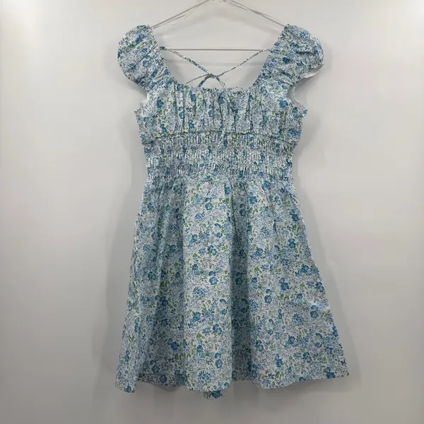 By Anthropologie cotton smocked mini dress blue floral - Image 2