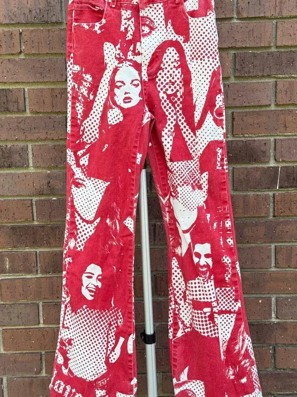 Edikted Andy Print Red White Face Novelty Print Flare Bell Bottom Jeans Size XS - Image 2