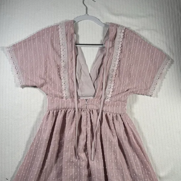 SHEIN Womens Small Pink Swiss Dot Lace Trim Mini Dress Short Sleeve Boho - Image 6