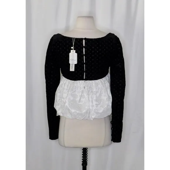 NWT!! FOR LOVE AND LEMONS‎ Elisa Long Sleeve Top Black Velvet Taffeta Eyelet XS - Image 8