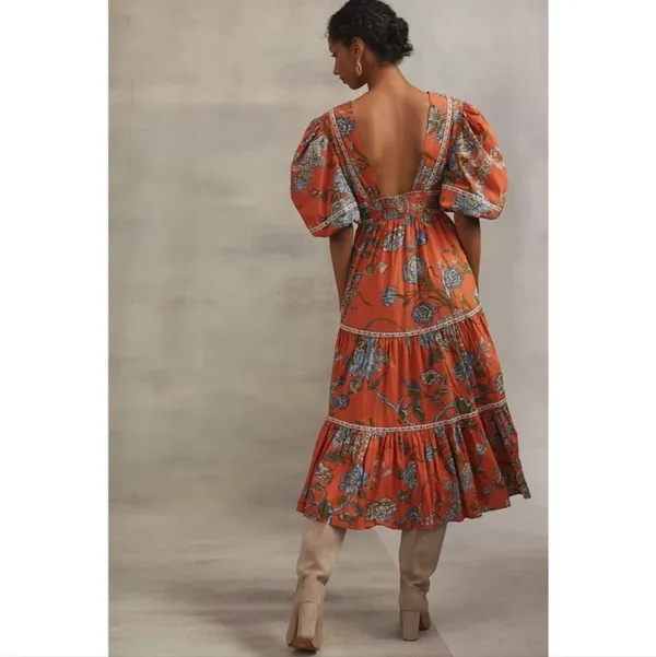 Anthropologie ×Love The Label Puff-Sleeved Tiered Midi Dress Size XS - Image 5