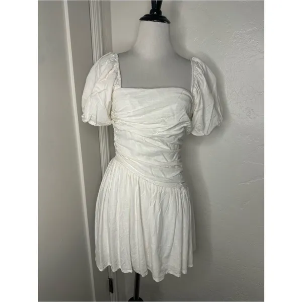 Charming Off-White/Cream Ruched Mini Dress – Puff Sleeves & Smocked Back small - Image 2