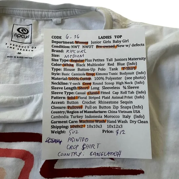 Rip Curl White Printed Crop T-shirt Women Size Medium | 6-36 - Image 4