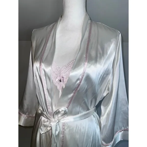 Women's Linea Donatella White & Pink Satin Robe & Chemise Set S - Image 4