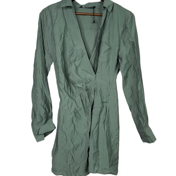 Zara Long Sleeve Tunic Wrap Style Mini Dress Collard V Neck Button M Sage Green - Image 3