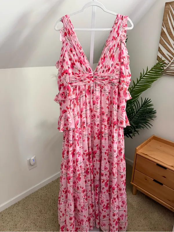 Mac Duggal Floral Ruffle Poppy Gown Women’s Pink Maxi Dress Flutter Formal 6 - Image 4