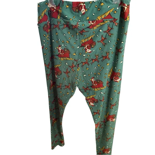 LuLaRoe Green Red Santa Reindeer Christmas Leggings Size TC2 - Image 2