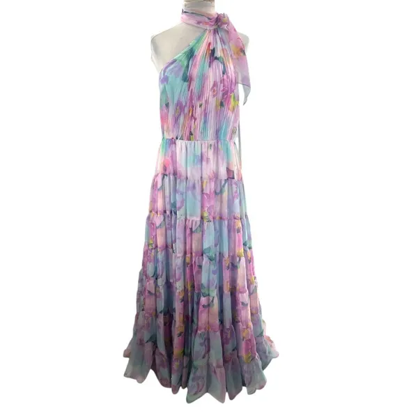 NWT Mac Duggal Floral Print Asymmetrical Halter‎ Neck Tiered Gown - Image 9