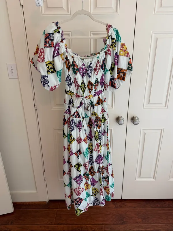 Anthropologie Smocked Puff-Sleeve Maxi Dress in White with Multicolor Diamond Print - Image 3